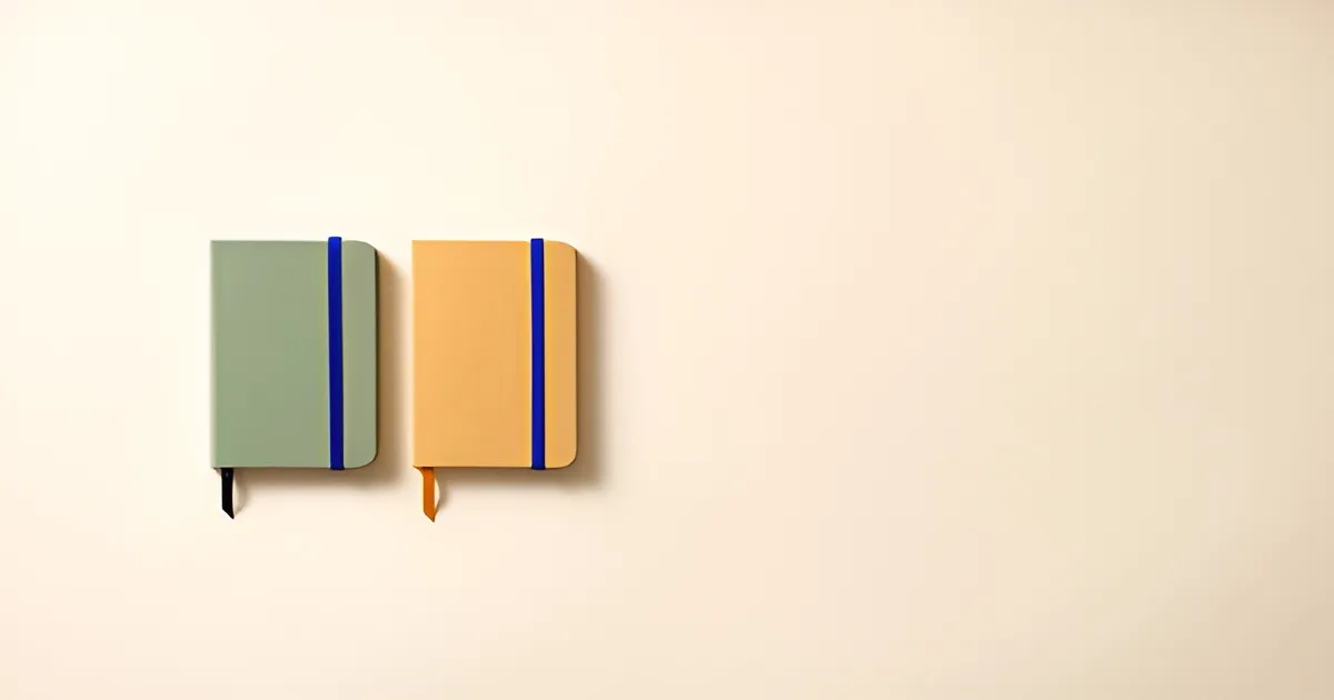 Two small closed notebooks of the same size side by side on a pale desk, one with a sage green cover and one with an amber cover, each with a blue elastic band.