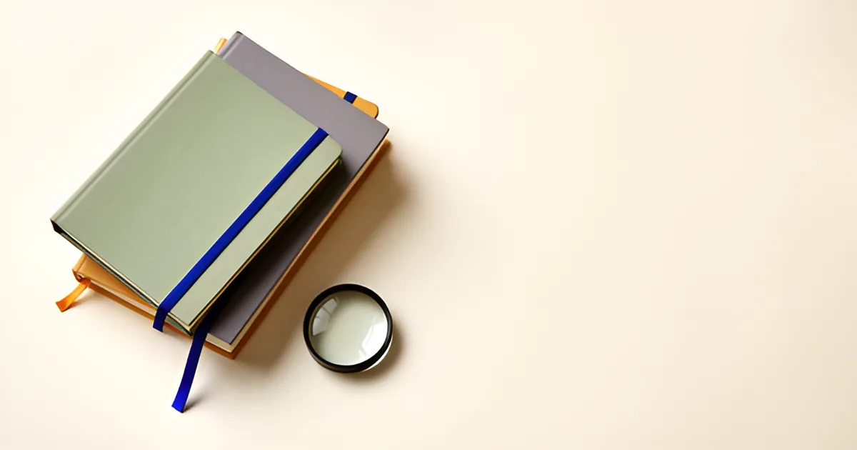 A stack of three closed journals with plain sage green, slate and amber covers and a blue ribbon bookmark, with a small round magnifying glass resting beside them on a pale desk.