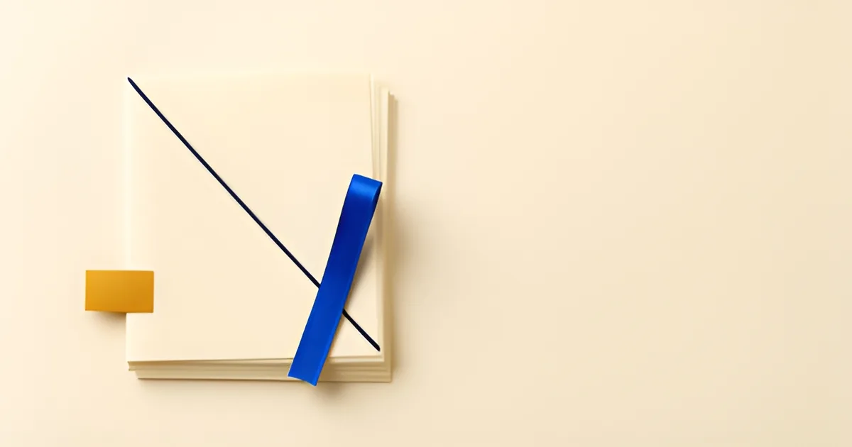 A stack of blank cream sheets with a thin navy line drawn diagonally across the top sheet, a blue ribbon bookmark lying over the stack and an amber paper tab at its edge.