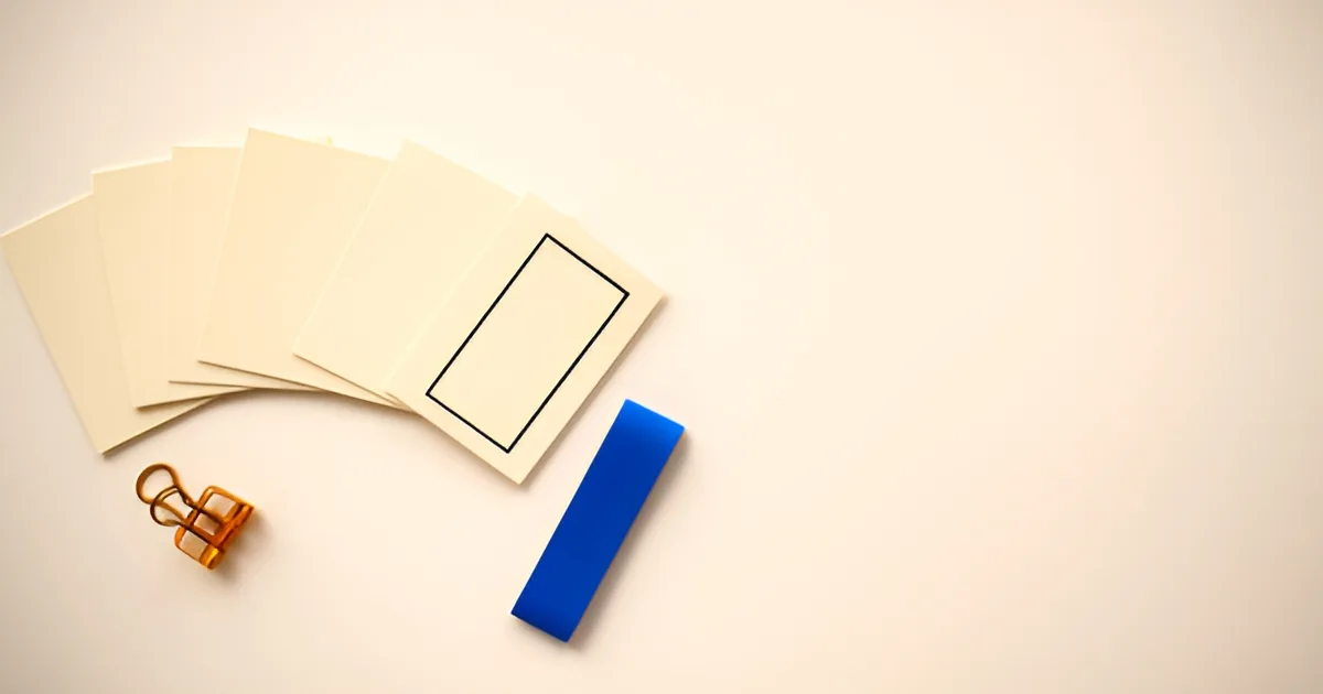 Blank cream index cards fanned in an arc on a pale desk, the last card marked with an empty outlined rectangle, next to a gold paper clip and a blue strip of paper.